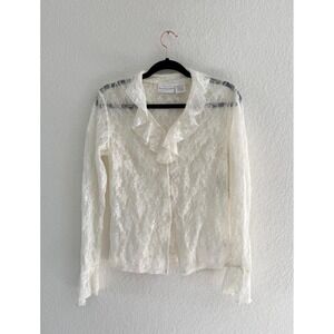 Vintage NWT Winter White Lace Ruffle Button Front Blouse Women Medium